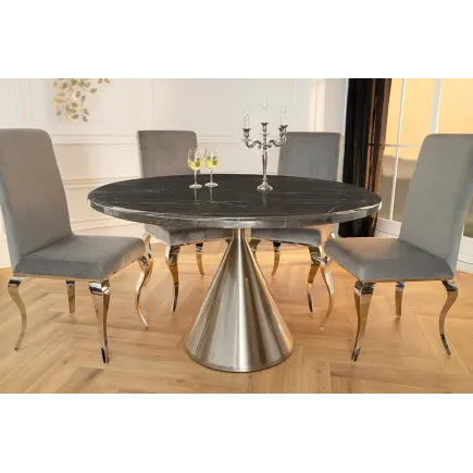 Table ronde ELEGANCIA 130 cm – Plateau en marbre noir et pied colonne en acier chromé 2