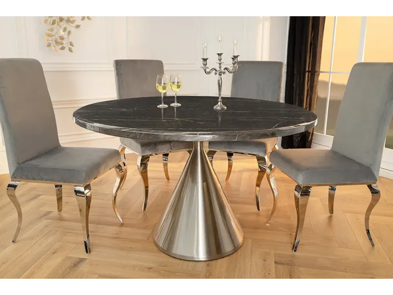 Table ronde ELEGANCIA 130 cm – Plateau en marbre noir et pied colonne en acier chromé