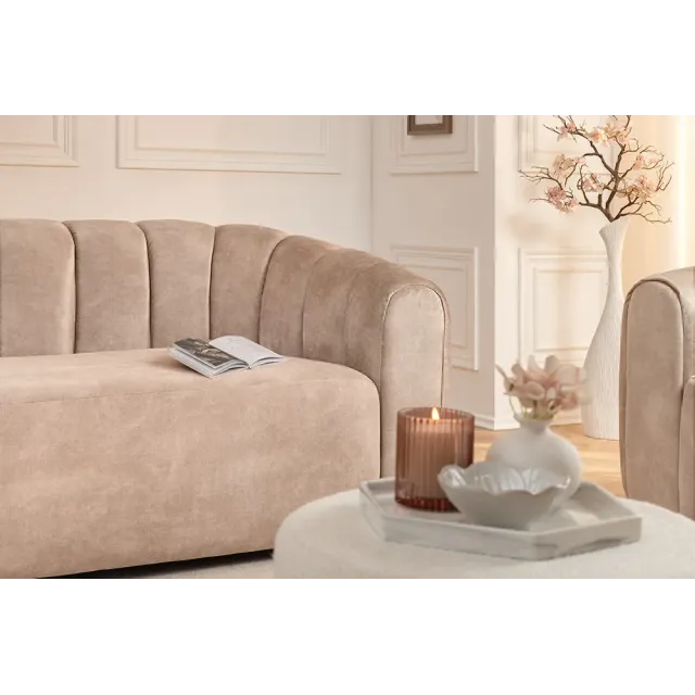 Canapé 3 places BABYLON 200 cm – Velours champagner beige avec surpiqûres décoratives