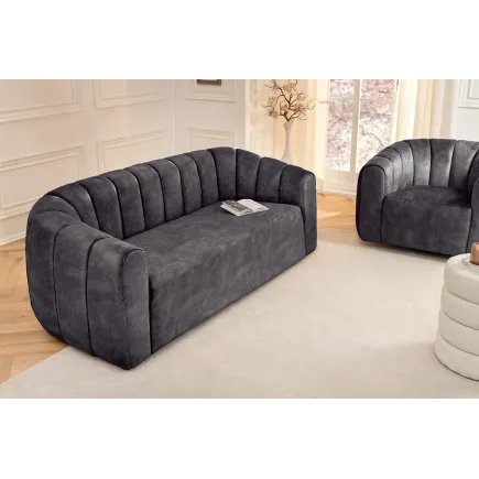 Canapé 3 places BABYLON 200 cm – Velours anthracite avec surpiqûres décoratives