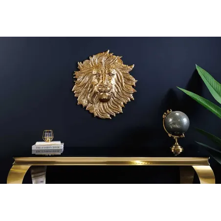 Décoration murale WILDLIFE LION 35 cm – Sculpture tête de lion dorée en métal, handmade