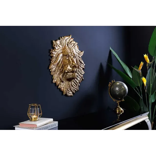 Décoration murale WILDLIFE LION 35 cm – Sculpture tête de lion dorée en métal, handmade