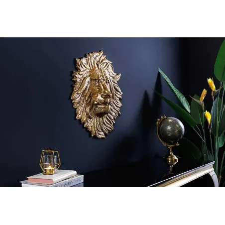 Décoration murale WILDLIFE LION 35 cm – Sculpture tête de lion dorée en métal, handmade