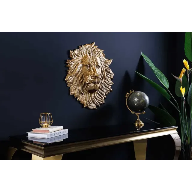 Décoration murale WILDLIFE LION 35 cm – Sculpture tête de lion dorée en métal, handmade