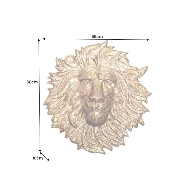 Décoration murale WILDLIFE LION 60 cm – Sculpture tête de lion dorée en métal, handmade