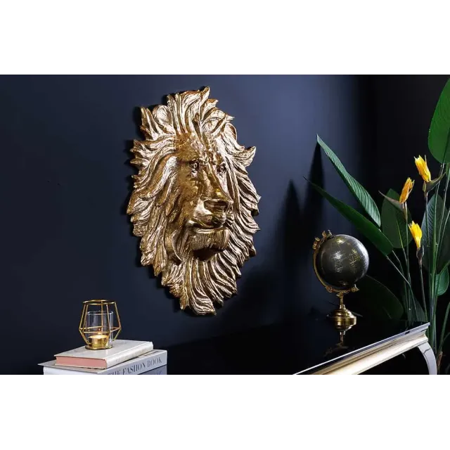 Décoration murale WILDLIFE LION 60 cm – Sculpture tête de lion dorée en métal, handmade