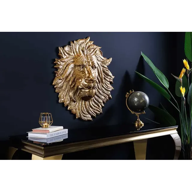 Décoration murale WILDLIFE LION 60 cm – Sculpture tête de lion dorée en métal, handmade