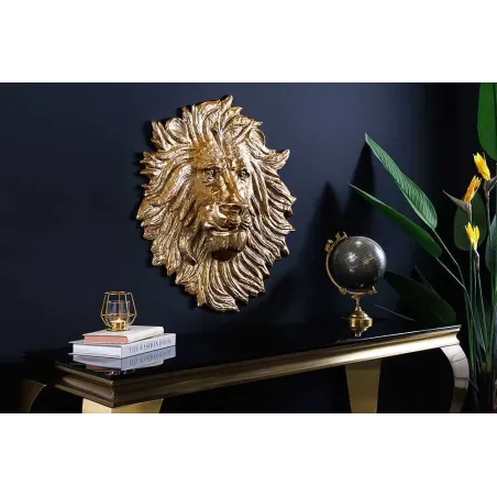 Décoration murale WILDLIFE LION 60 cm – Sculpture tête de lion dorée en métal, handmade