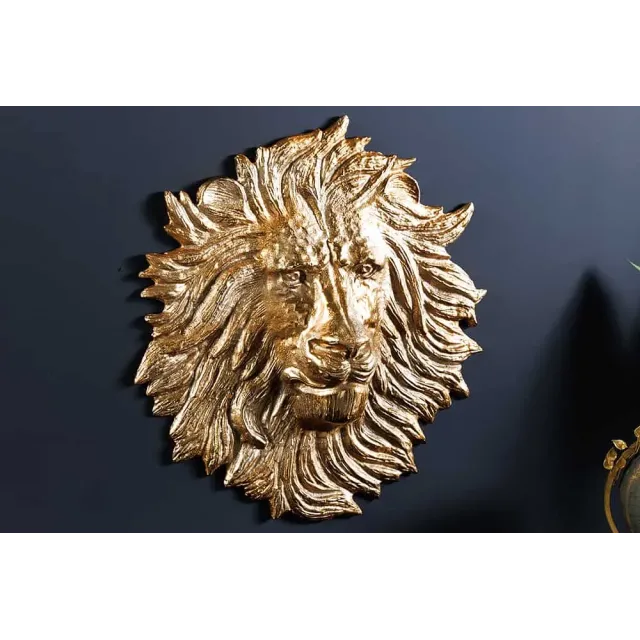 Décoration murale WILDLIFE LION 60 cm – Sculpture tête de lion dorée en métal, handmade