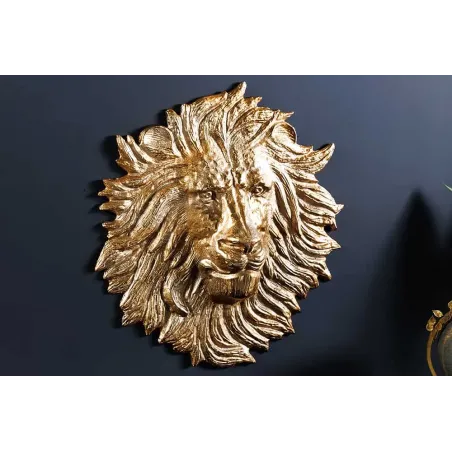 Décoration murale WILDLIFE LION 60 cm – Sculpture tête de lion dorée en métal, handmade