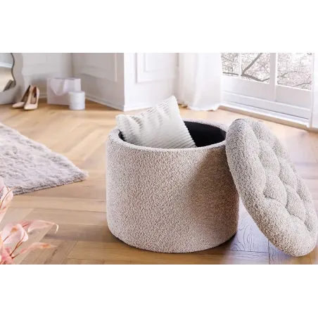 Pouf MODERN BAROCK 50cm – Pouf design champagner Bouclé avec espace de rangement