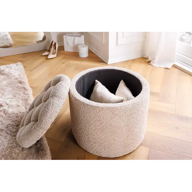 Pouf MODERN BAROCK 50cm – Pouf design champagner Bouclé avec espace de rangement