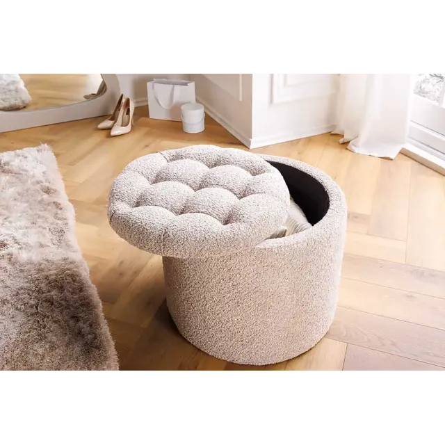 Pouf MODERN BAROCK 50cm – Pouf design champagner Bouclé avec espace de rangement
