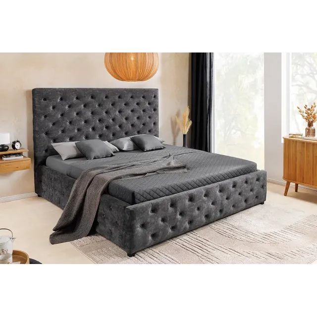 Boxbett PARIS 180x200cm – Lit coffre design Chesterfield en velours gris avec rangement intégré