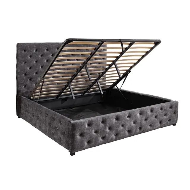 Boxbett PARIS 180x200cm – Lit coffre design Chesterfield en velours gris avec rangement intégré