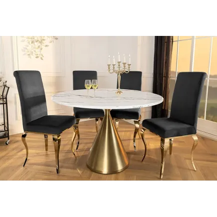 Runder Esstisch ELEGANCIA 130cm – Table ronde en marbre blanc avec pied colonne métal doré champagne