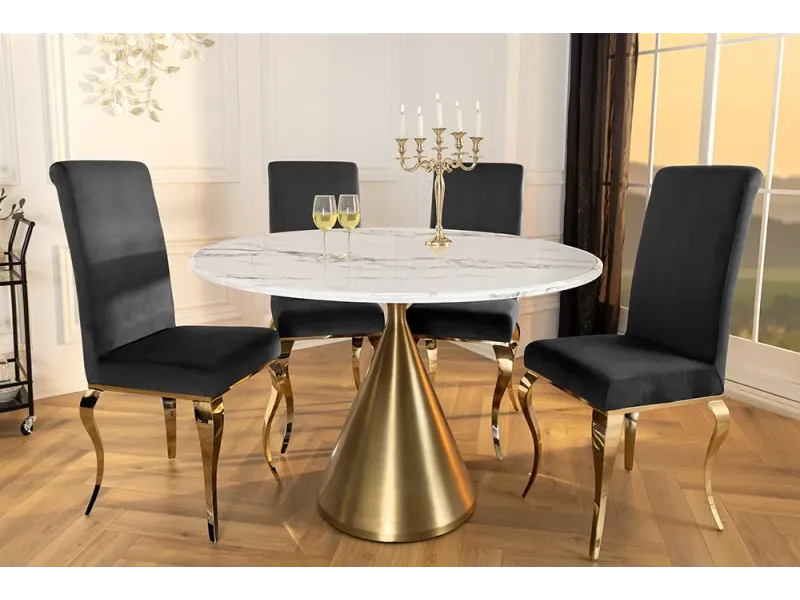 Runder Esstisch ELEGANCIA 130cm – Table ronde en marbre blanc avec pied colonne métal doré champagne