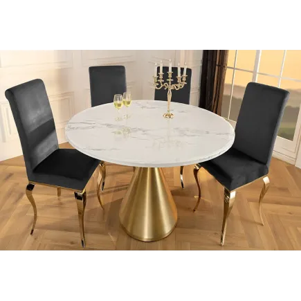 Runder Esstisch ELEGANCIA 130cm – Table ronde en marbre blanc avec pied colonne métal doré champagne 2
