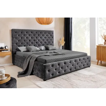 Boxbett PARIS 160x200cm – Lit double Chesterfield en velours gris avec rangement intégré