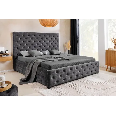 Boxbett PARIS 160x200cm – Lit double Chesterfield en velours gris avec rangement intégré