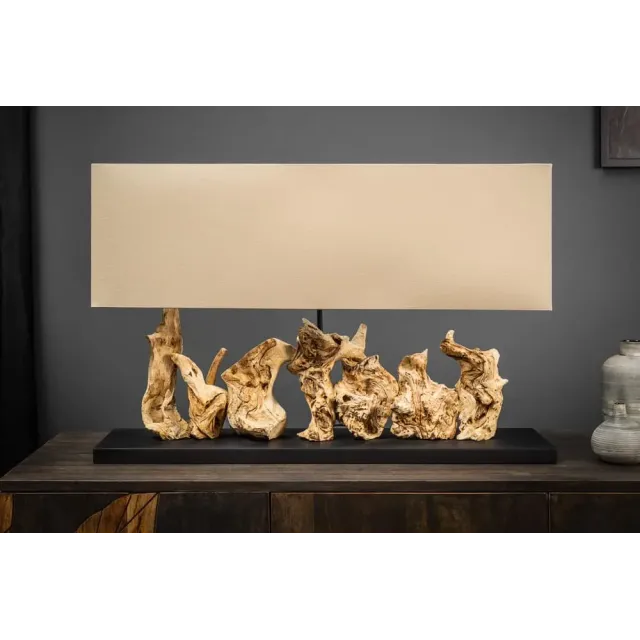 Lampe de table design PURE UNIQUE 80 cm – Bois flotté naturel et abat-jour en lin beige