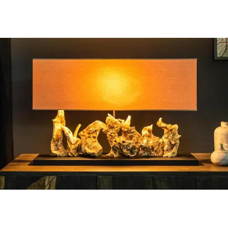 Lampe de table design PURE UNIQUE 80 cm – Bois flotté naturel et abat-jour en lin beige