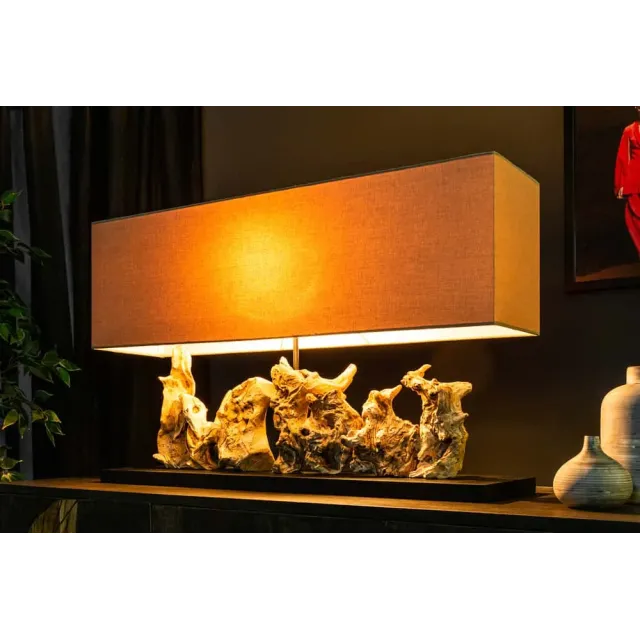 Lampe de table design PURE UNIQUE 80 cm – Bois flotté naturel et abat-jour en lin beige