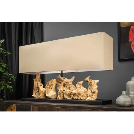 Lampe de table design PURE UNIQUE 80 cm – Bois flotté naturel et abat-jour en lin beige