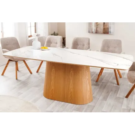 Table à manger design UNIQUE 200 cm – Plateau en céramique blanc effet marbre & pied colonne en chêne 2
