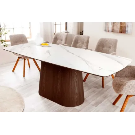 Table à manger design UNIQUE 200 cm – Plateau céramique blanc effet marbre & pied colonne noyer 2