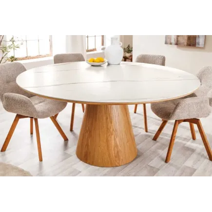 Table à manger ronde UNIQUE 120 cm – Plateau céramique blanc effet marbre & pied colonne en chêne naturel 2
