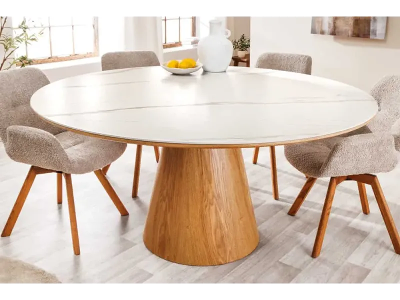 Table à manger ronde UNIQUE 120 cm – Plateau céramique blanc effet marbre & pied colonne en chêne naturel