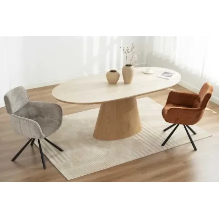 Table à manger extensible UNIQUE 160–200 cm – Plateau en céramique travertin & pied colonne en chêne naturel 2