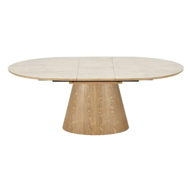 Table à manger extensible UNIQUE 160–200 cm – Plateau en céramique travertin & pied colonne en chêne naturel