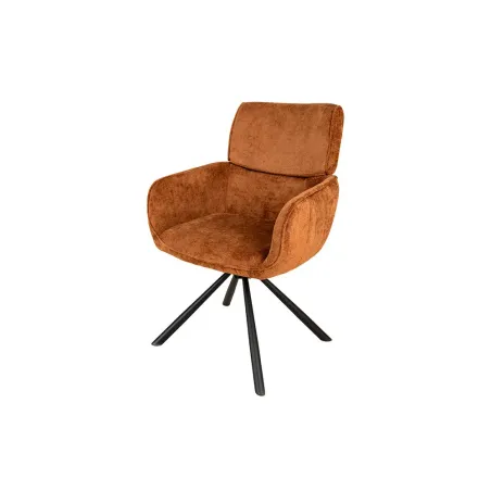Chaise rétro pivotante UNIQUE – Revêtement chenille rouille/brun & pieds métal noir avec accoudoirs