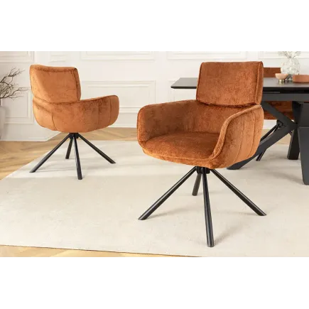 Chaise rétro pivotante UNIQUE – Revêtement chenille rouille/brun & pieds métal noir avec accoudoirs 2
