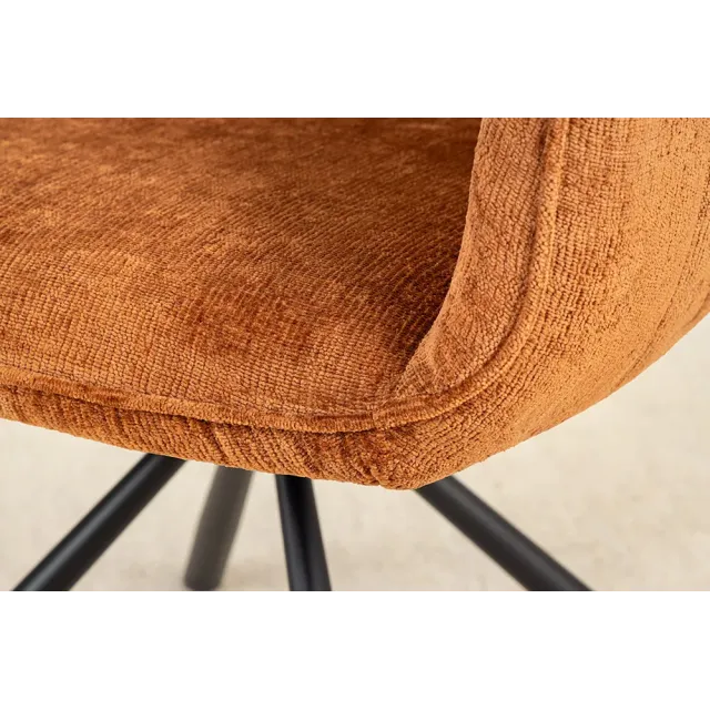 Chaise rétro pivotante UNIQUE – Revêtement chenille rouille/brun & pieds métal noir avec accoudoirs