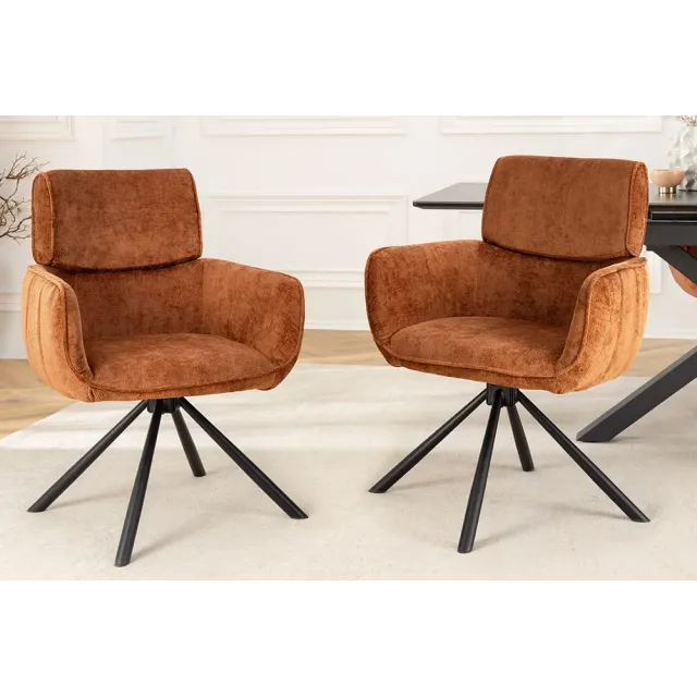 Chaise rétro pivotante UNIQUE – Revêtement chenille rouille/brun & pieds métal noir avec accoudoirs