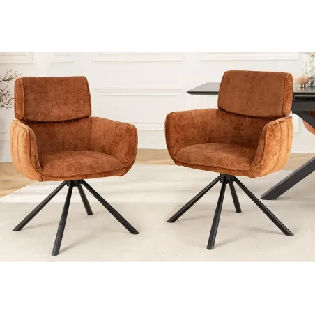 Chaise rétro pivotante UNIQUE – Revêtement chenille rouille/brun & pieds métal noir avec accoudoirs
