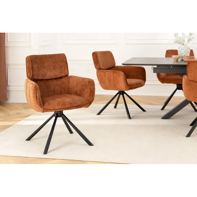 Chaise rétro pivotante UNIQUE – Revêtement chenille rouille/brun & pieds métal noir avec accoudoirs