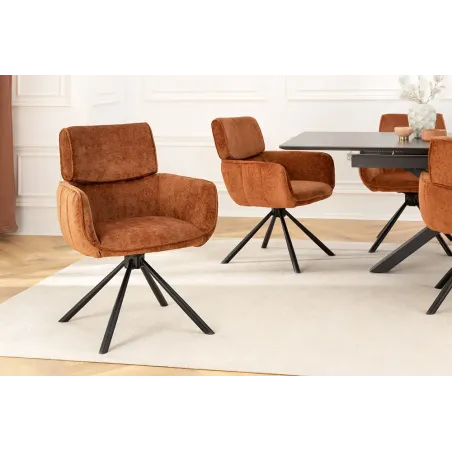 Chaise rétro pivotante UNIQUE – Revêtement chenille rouille/brun & pieds métal noir avec accoudoirs