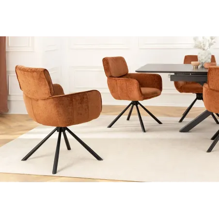 Chaise rétro pivotante UNIQUE – Revêtement chenille rouille/brun & pieds métal noir avec accoudoirs