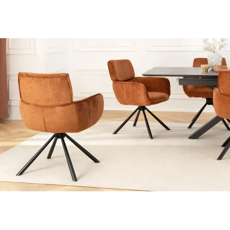 Chaise rétro pivotante UNIQUE – Revêtement chenille rouille/brun & pieds métal noir avec accoudoirs
