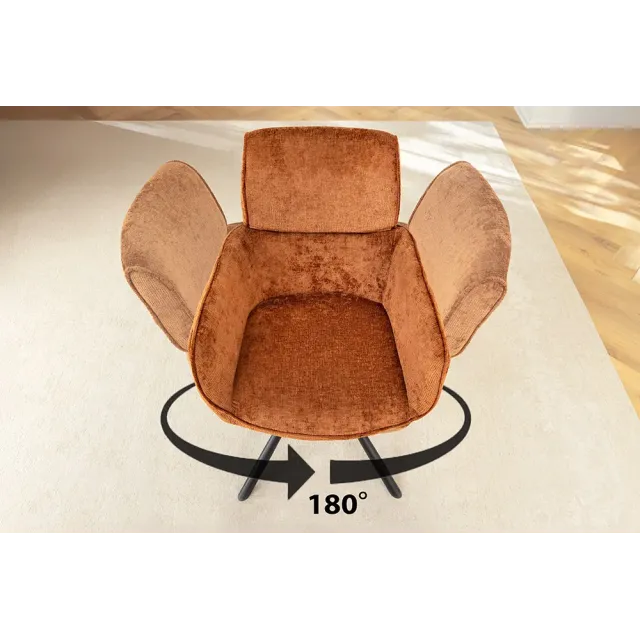 Chaise rétro pivotante UNIQUE – Revêtement chenille rouille/brun & pieds métal noir avec accoudoirs