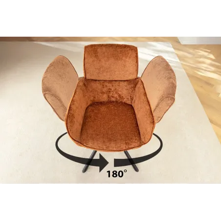Chaise rétro pivotante UNIQUE – Revêtement chenille rouille/brun & pieds métal noir avec accoudoirs