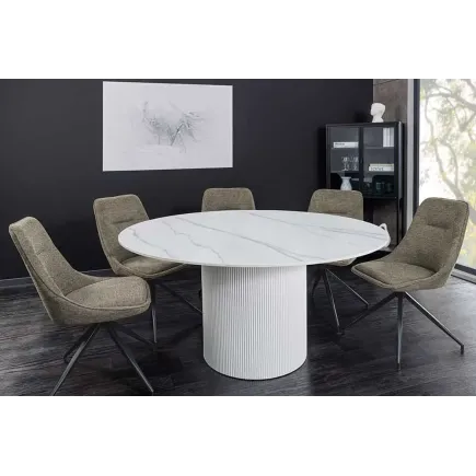 Table ronde en céramique blanche UNIQUE 120 cm – Design marbre & pied colonne élégant 2