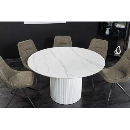 Table ronde en céramique blanche UNIQUE 120 cm – Design marbre & pied colonne élégant 2