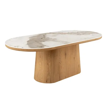 Table ovale en céramique blanche 200 cm – Design marbre & pied colonne en chêne