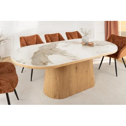 Table ovale en céramique blanche 200 cm – Design marbre & pied colonne en chêne