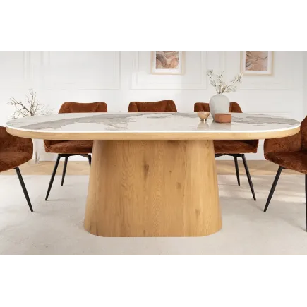 Table ovale en céramique blanche 200 cm – Design marbre & pied colonne en chêne 2